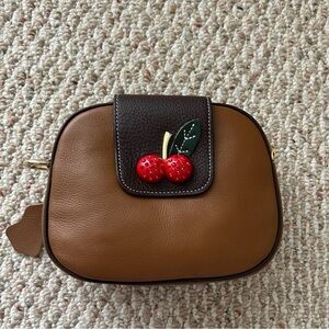 Brown Leather Crossbody Bag with Cherry Detail